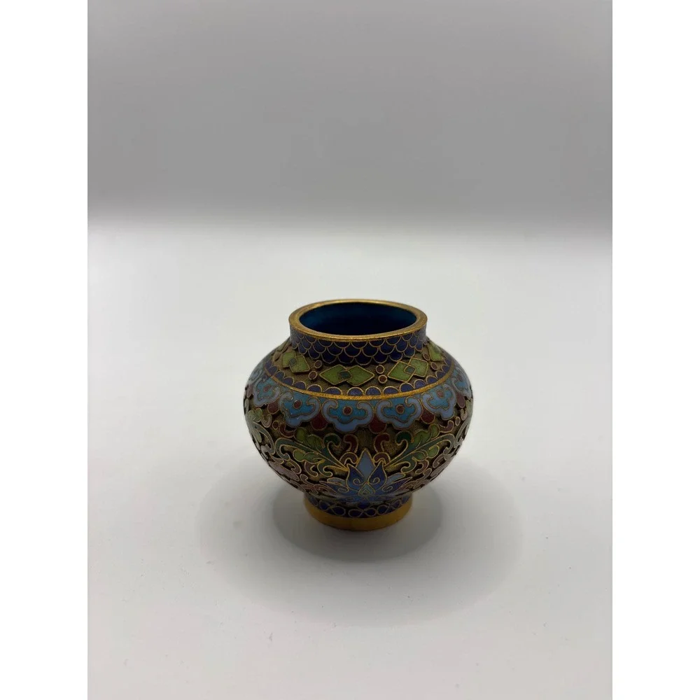 Vintage Cloisonne Enamel Miniature Vase Floral Blue Gold Tone Asian Decorative